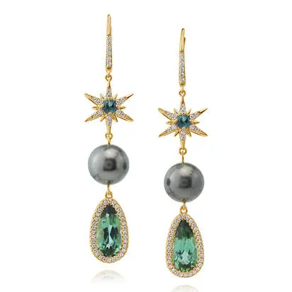 18K Yellow Gold Blue Green Tourm/Tahitian Pearl/Diamond Ear | EGHPR650419-2E