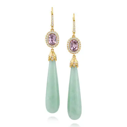 18K Yellow Gold Green Jade/Lotus Garnet/Diamond Earrings | EJATD9934654E