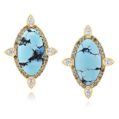 14K Yellow Gold Kazakhstan Turquoise/Diamond Earrings | EKQPR9931518C