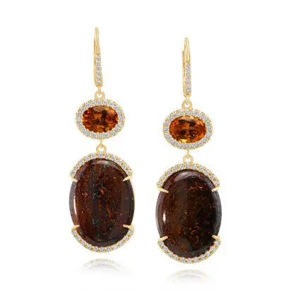 18K Yellow Gold Australian Boulder Opal/Mandarin Garnet/Diamond Earrings<br>EMBO1A2470E