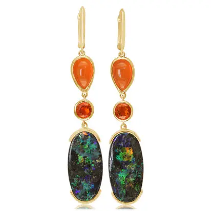 14K Yellow Gold Australian Boulder Opal/Fire Opal Earrings, EMBO3A1764C, Call for current price