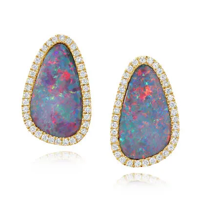 14K Yellow Gold Australian Opal Doublet/Diamond Earrings | EMDBTPR12678CI