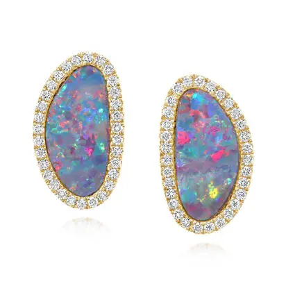 14K Yellow Gold Australian Opal Doublet/Diamond Earrings | EMDBTPR13354CI