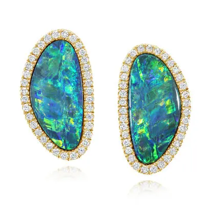 14K Yellow Gold Australian Opal Doublet/Diamond Earrings | EMDBTPR15623CI
