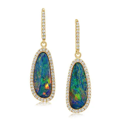 14K Yellow Gold Australian Opal Doublet/Diamond Earrings | EMDBTPR16628CI