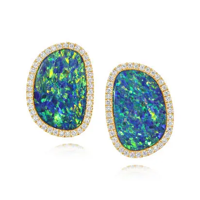 14K Yellow Gold Australian Opal Doublet/Diamond Earrings | EMDBTPR16806CI