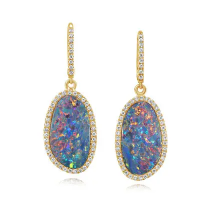 14K Yellow Gold Australian Opal Doublet/Diamond Earrings | EMDBTPR17725CI