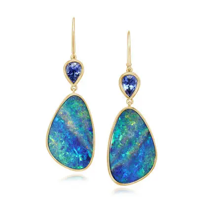 14K Yellow Gold Australian Opal Doublet/Ceylon Sapphire Earrings , | EMDBTPR212194C