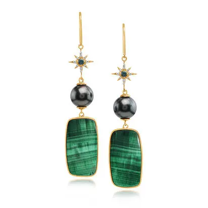 14K Yellow Gold Malachite/Tahitian Pearl/Montana Sapphire Earrings<br>EMKCU9992618C<div class='big'>$7,995.00</div>