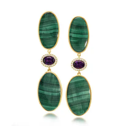 14K Yellow Gold Malachite/Purple Garnet/Diamond Earrings<br>EMKOV9986622C<div class='big'>$13,895.00</div>