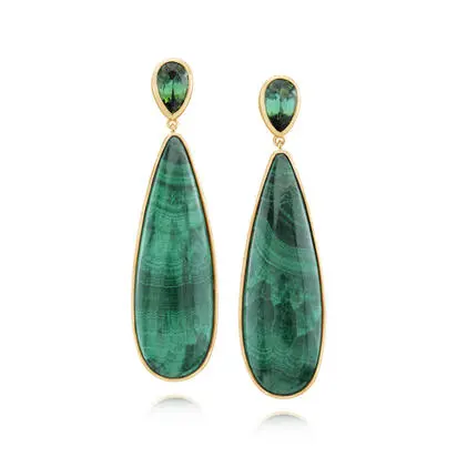 14K Yellow Gold Chatoyant Malachite/Green Tourmaline Earrings , | EMKPR9985503C