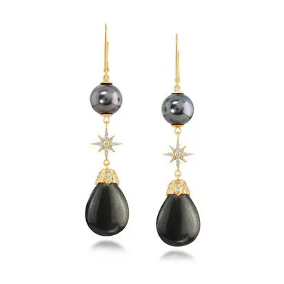 18K Yellow Gold Black Moonstone/Tahitian Pearl/Diamond Star Earrings, EMLBR9732539E, $10,945.00