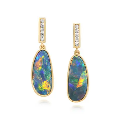 14K Yellow Gold Australian Opal Doublet/Diamond Earrings, EOD054-22I, $5,495.00