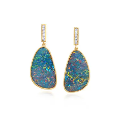 14K Yellow Gold Australian Opal Doublet/Diamond Earrings, EOD054-48I, $8,745.00