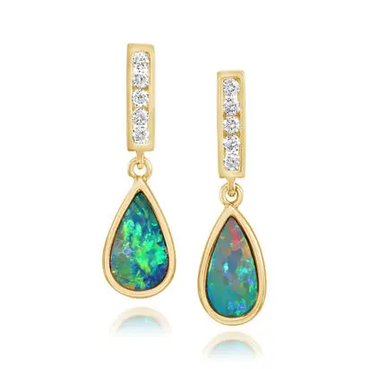 14K Yellow Gold Australian Opal Doublet/Diamond Earrings | EOD054-8I