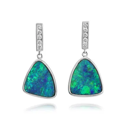 14K White Gold Australian Opal Doublet/Diamond Earrings | EODW054-13I