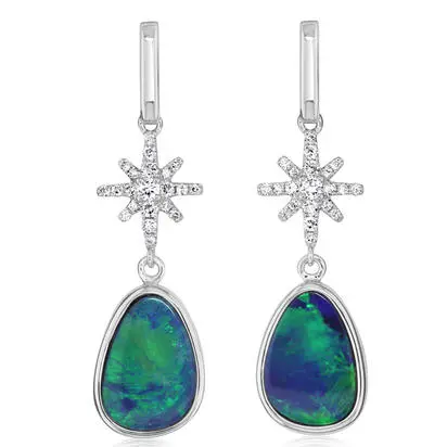 14K White Gold Australian Opal Doublet/Diamond Star Earrings | EODW345-14I