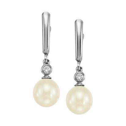 14K White Gold Freshwater Cultured Pearl 9mm/Diamond Lever Back Dangle Earrings, EPC020P23WI, $1,845.00