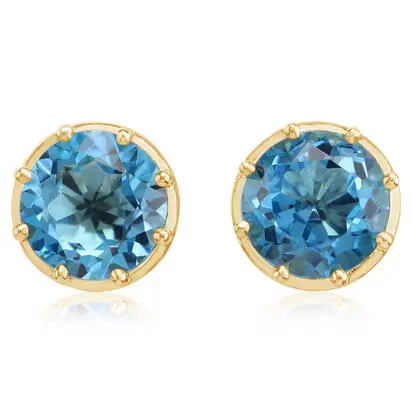 14K Yellow Gold 8mm Round Blue Topaz Earrings | EPF506B2XCI