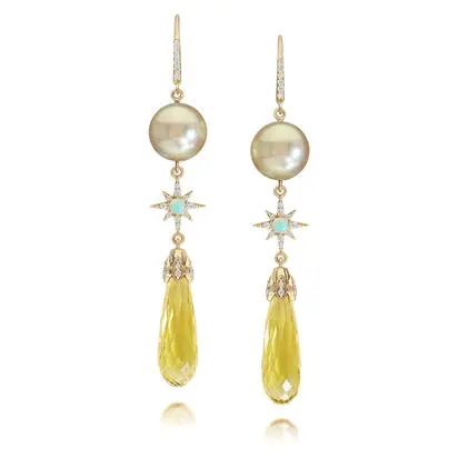 18K Yellow Gold Yellow Beryl/South Sea Pearl/Opal & Diamond Star Earrings | EYYBR9351574E