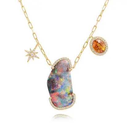 18K Yellow Gold Australian Boulder Opal/Mandarin Garnet/Diamond Neckpiece | NBOFF02281784E