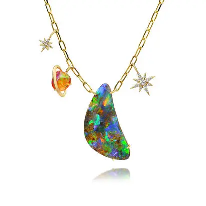 14K Yellow Gold Australian Boulder Opal/Fire Opal/Diamond Neckpiece | NBOFF08001687C