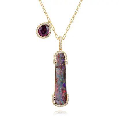 18K Yellow Gold Australian Boulder Opal/Purple Garnet/Diamond Neckpiece | NBOFF1480E