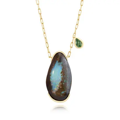 14K Yellow Gold Australian Boulder Opal/Mint Garnet/Neckpiece | NBOFF9713842C