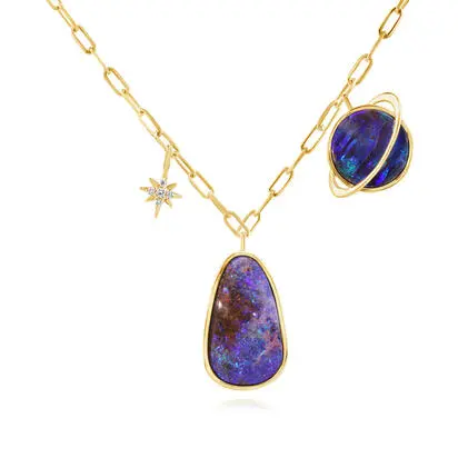 14K Yellow Gold Australian Boulder Opal/Diamond Saturn Neckpiece | NMBO1A3A875C