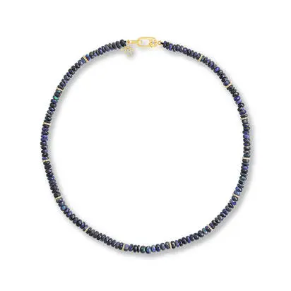 14K Yellow Gold 5-5.5mm Faceted Rondelle Australian Black Opal/Diamond Strand Necklace<br>NNBST9407373C