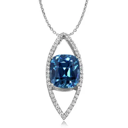 14K White Gold Blue Zircon/Diamond Pendant | PBZCU850964W