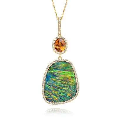 18K Yellow Gold Australian Opal Doublet/Mandarin Garnet/Diamond Pendant | PDBFF2201740E