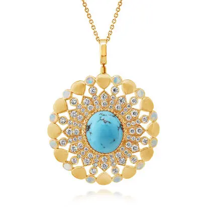 14K Yellow Gold Egyptian Turquoise/Australian Opal/Diamond Pendant | PEQOV985430CI