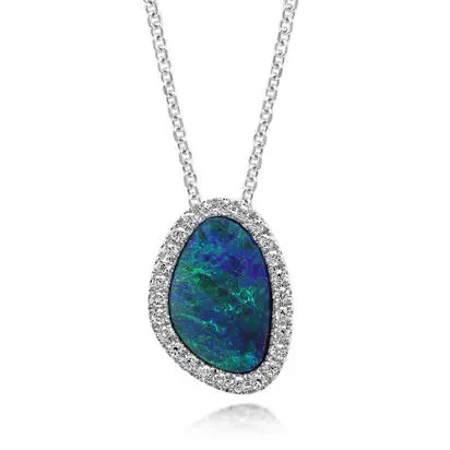 14K White Gold Australian Opal Doublet/Diamond Pendant, PMDBT4A125-2WI, $2,670.00
