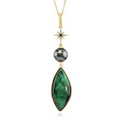 14K Yellow Gold Malachite Cabochon/Tahitian Pearl/Montana Sapphire Pendant<br>PMKMQ9992070C