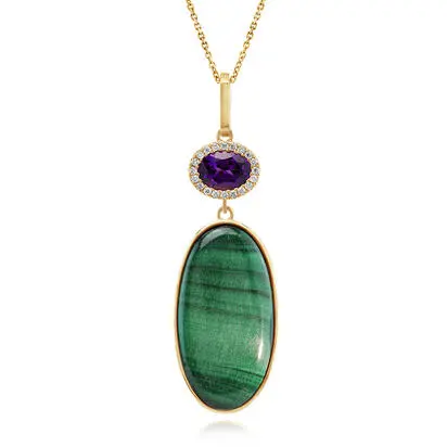 14K Yellow Gold Malachite Cabochon/Purple Garnet/Diamond Pendant<br>PMKOV9982738C<div class='big'>$4,795.00</div>