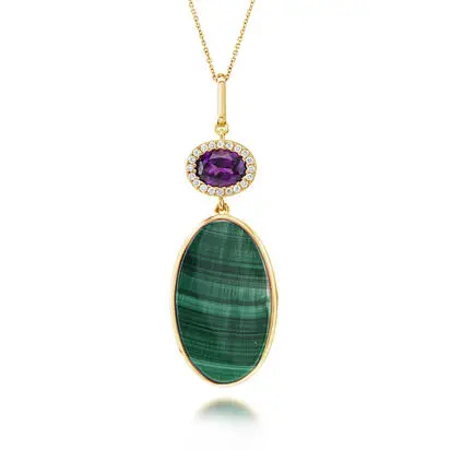 14K Yellow Gold Malachite/Purple Garnet/Diamond Pendant, PMKOV9986622C