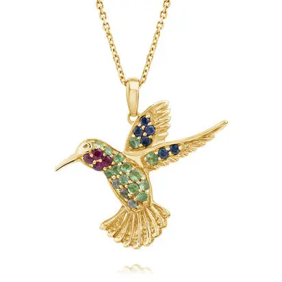 14K Yellow Gold Ruby/Tsavorite/Blue & White Sapphire Hummingbird Reversible Pendant (22x25.5) ,H | PNTR-HBDMUI