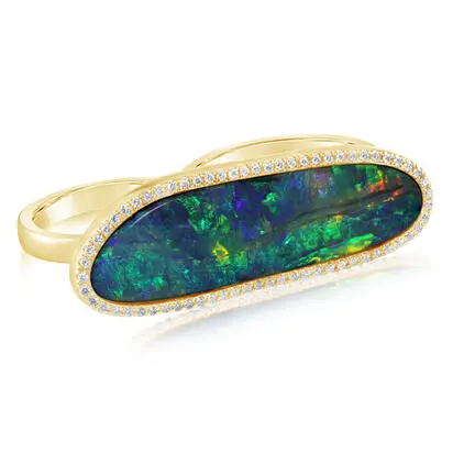18K Yellow Gold Australian Boulder Opal/Diamond Two Finger Ring | RBOFF83021500-2EI