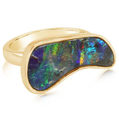 14K Yellow Gold Australian Boulder Opal Smooth Shank Ring | RBR263-14I
