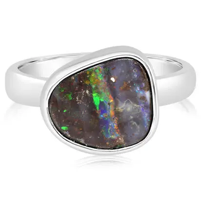 Sterling Silver Australian Boulder Opal Smooth Shank Ring | RBR263S-3I