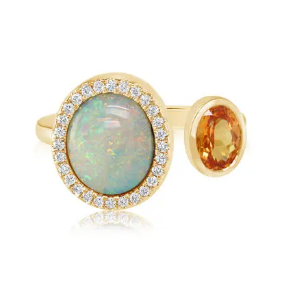 18K Yellow Gold Australian Boulder Opal/Mandarin Garnet/Diamond Ring | RMBO3A250E