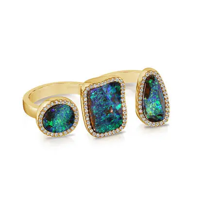 14K Yellow Gold Australian Boulder Opal/Diamond 3 Stone-2 Finger Ring<br>RMBO4A1035C