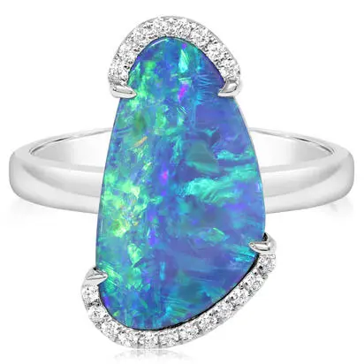 14K White Gold Australian Opal Doublet/Diamond Ring , | RMDBT1A366WI