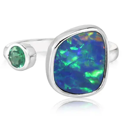 14K White Gold Australian Opal Doublet/Tsavorite Ring | RMDBT2A290WI