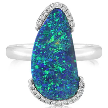 14K White Gold Australian Opal Doublet/Diamond Ring , | RMDBT2A624WI