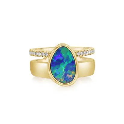 14K Yellow Gold Australian Opal Doublet/Diamond Cigar Band Ring, RMDBT3A260-2CI