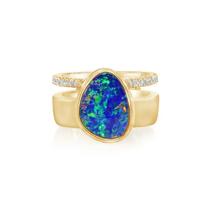 14K Yellow Gold Australian Opal Doublet/Diamond Cigar Band Ring, RMDBT3A277-2CI