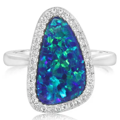 14K White Gold Australian Opal Doublet/Diamond Ring , | RMDBT4A313WI