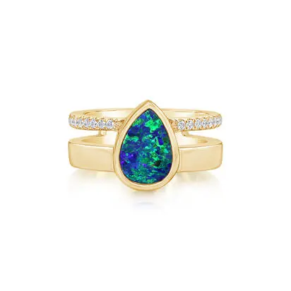14K Yellow Gold Australian Opal Doublet/Diamond Cigar Band Ring, RMDBT5A129CI